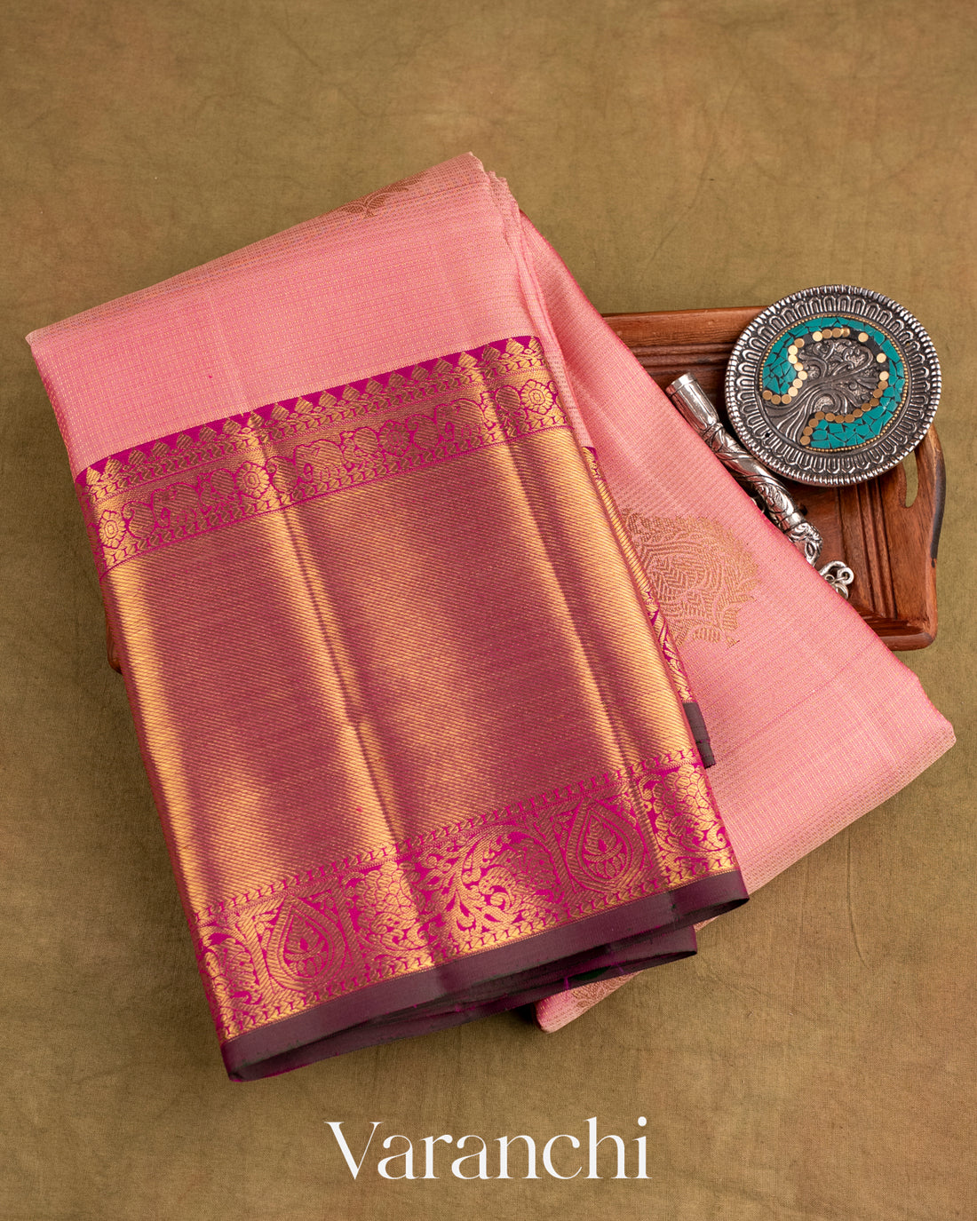 Baby Pink Vaira Oosi Pure Kanchipuram Silk Handloom Saree