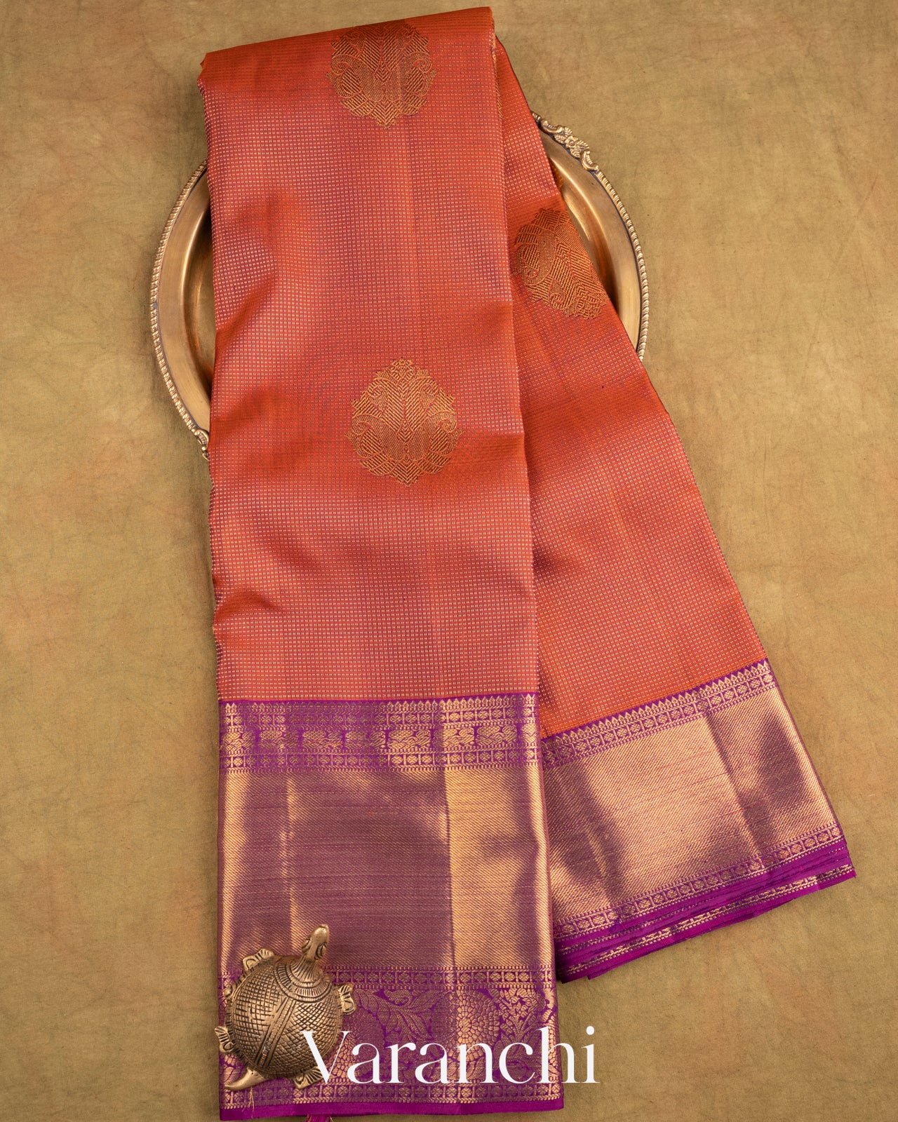Brick Orange Vaira Oosi Pure Kanchipuram Silk Handloom Saree