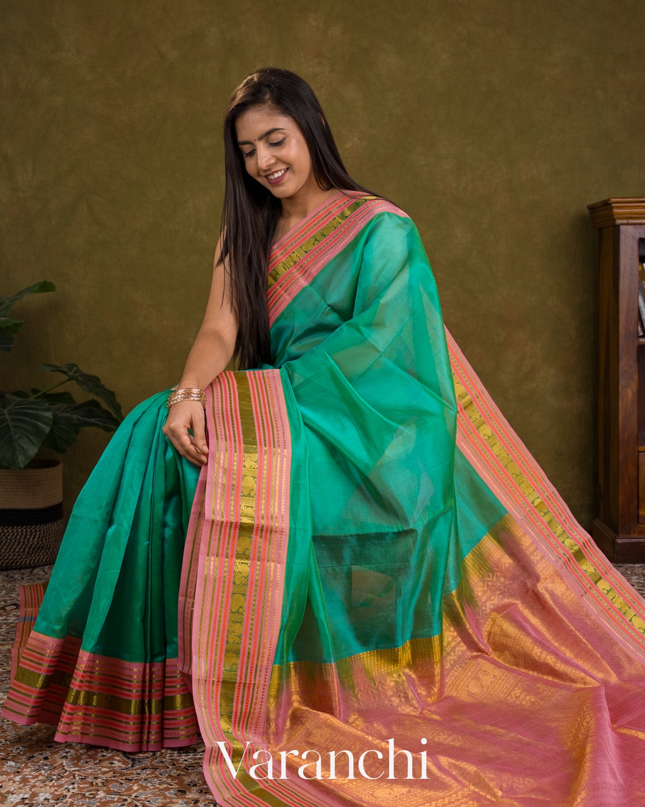 Rama Green Korvai Pure Kanchipuram Silk Cotton Handloom Saree