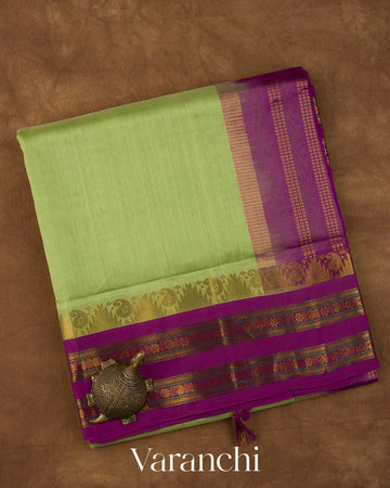 Parrot Green Korvai Pure Kanchipuram Silk Cotton Handloom Saree