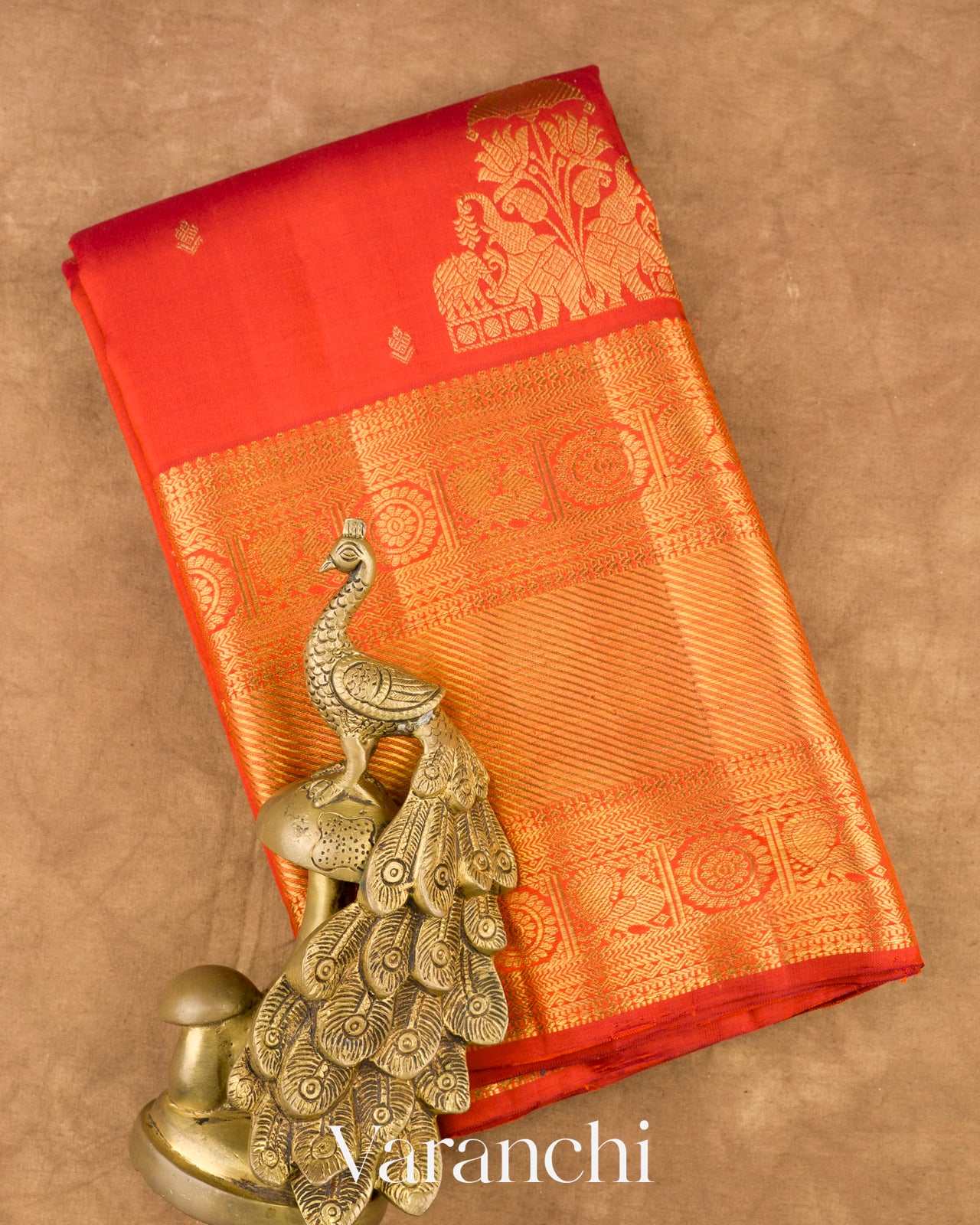 Crimson Orange Pure Kanchipuram Silk Handloom Saree