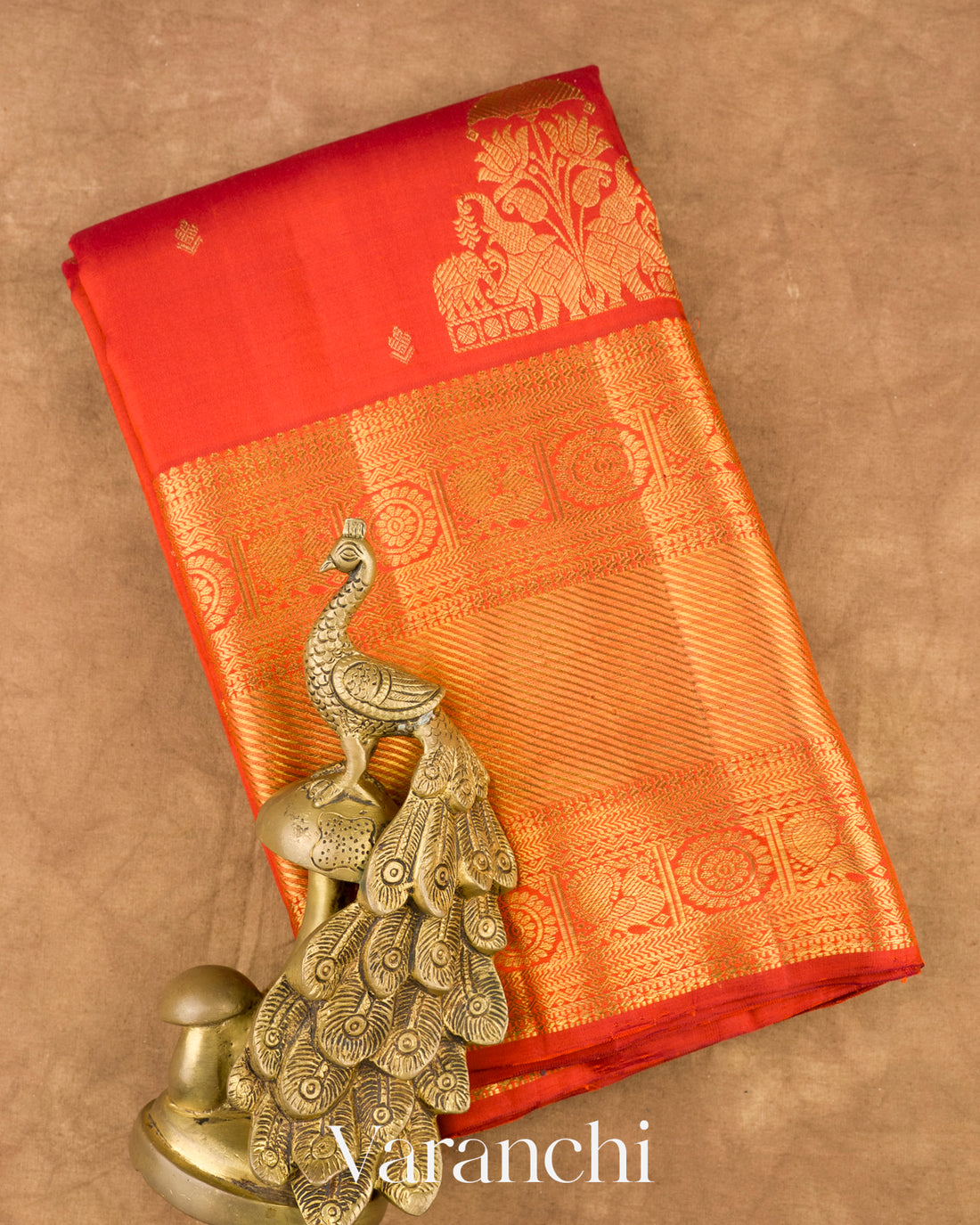 Crimson Orange Pure Kanchipuram Silk Handloom Saree