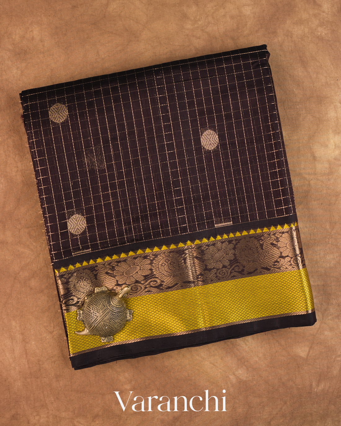 Black Checkered Pure Kanchipuram Silk Cotton Handloom Saree — Folded