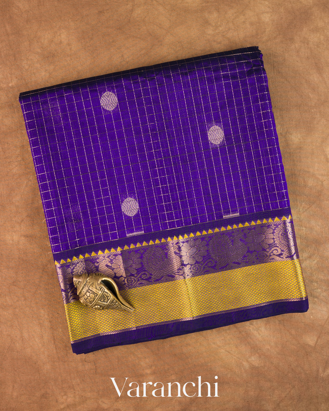 Violet Checkered Pure Kanchipuram Silk Cotton Handloom Saree — Folded