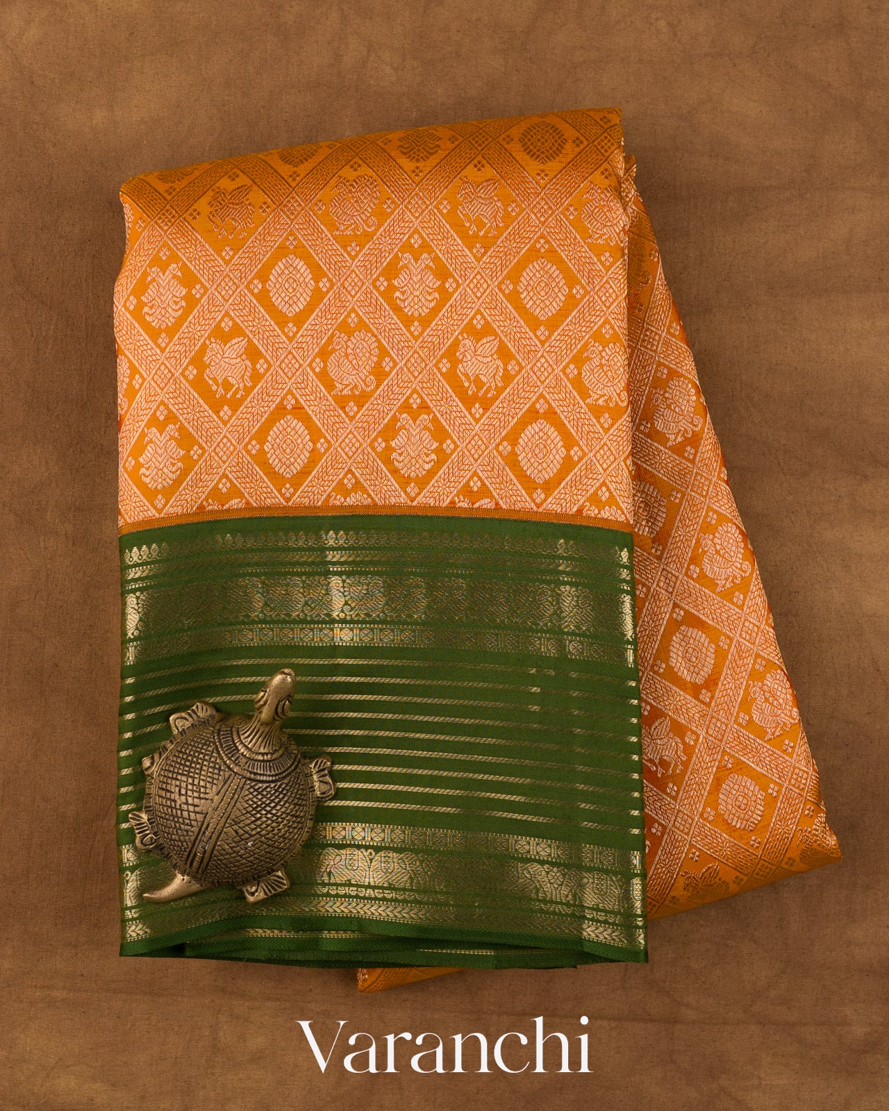 Light Orange Heavy Brocade Pure Korvai Kanchipuram Silk Saree