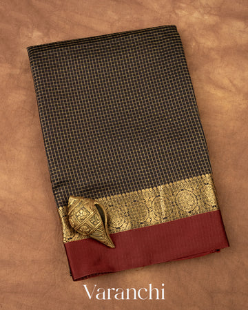 Jet Black Checks Pure Katan Silk Saree