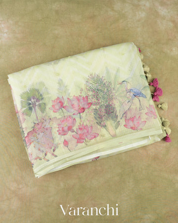 Pastel Green Embroidered and Pichwai Printed Pure Katan Kota Silk Handloom Saree