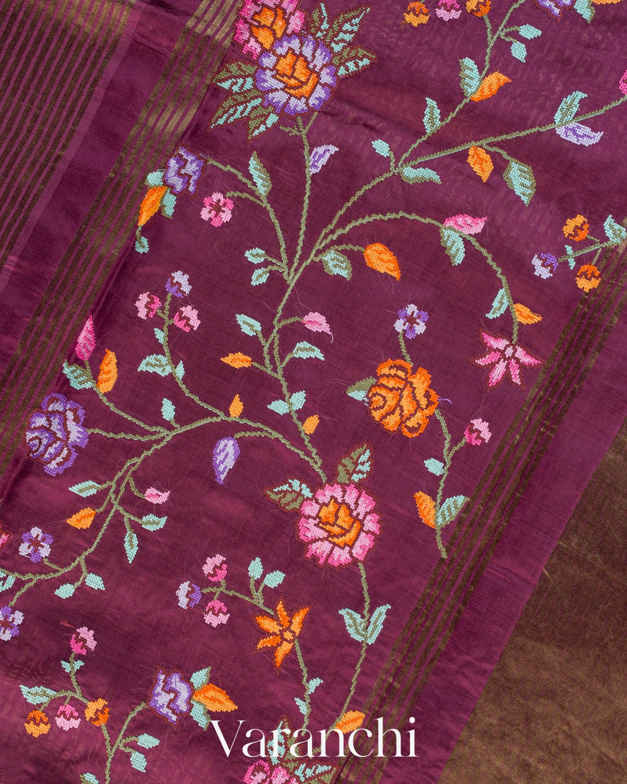 Mauve Purple Tissue Stripes with Petit-Point Embroidered Pure Katan Silk Saree