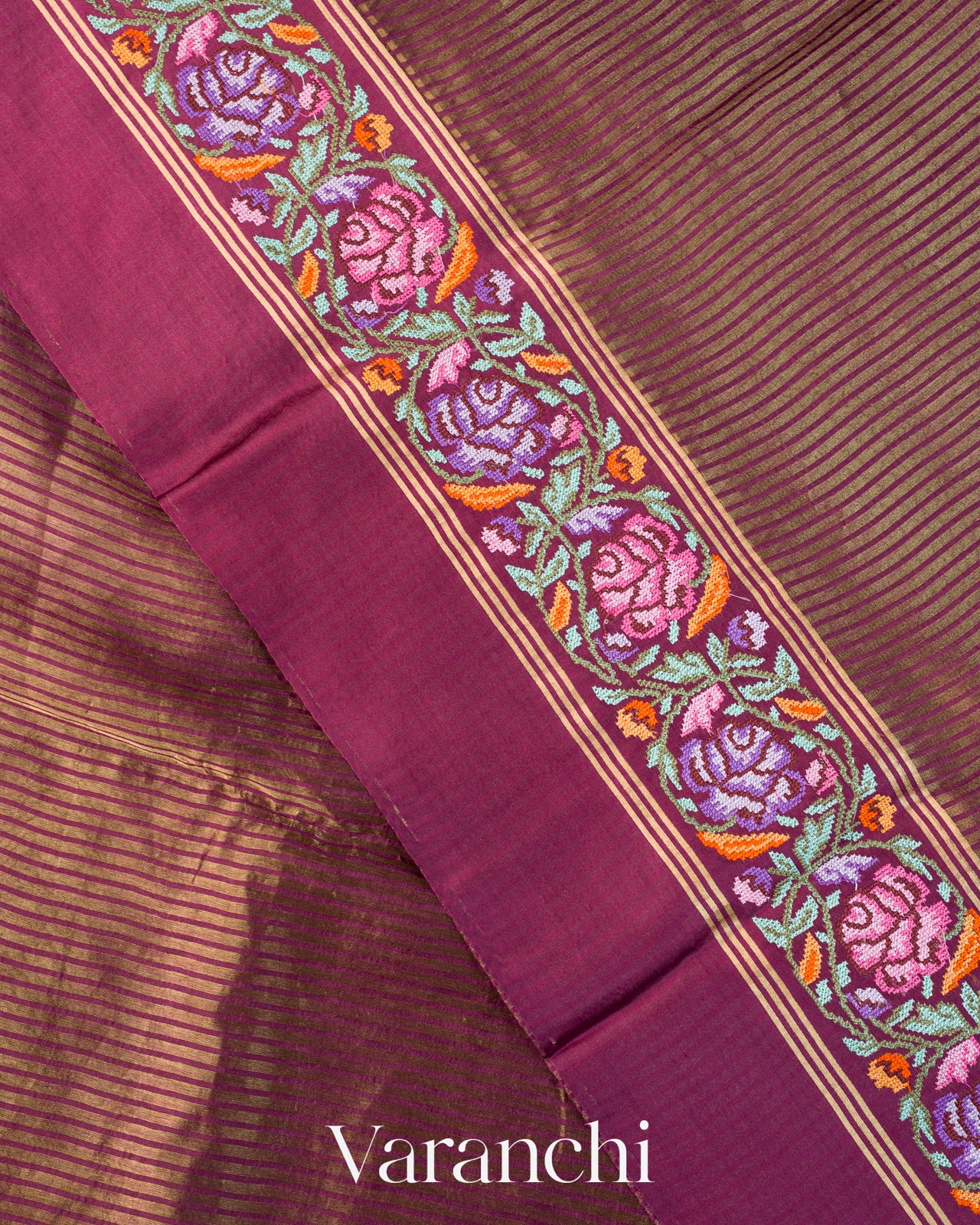 Mauve Purple Tissue Stripes with Petit-Point Embroidered Pure Katan Silk Saree