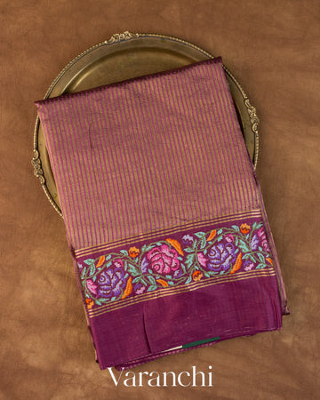 Mauve Purple Tissue Stripes with Petit-Point Embroidered Pure Katan Silk Saree