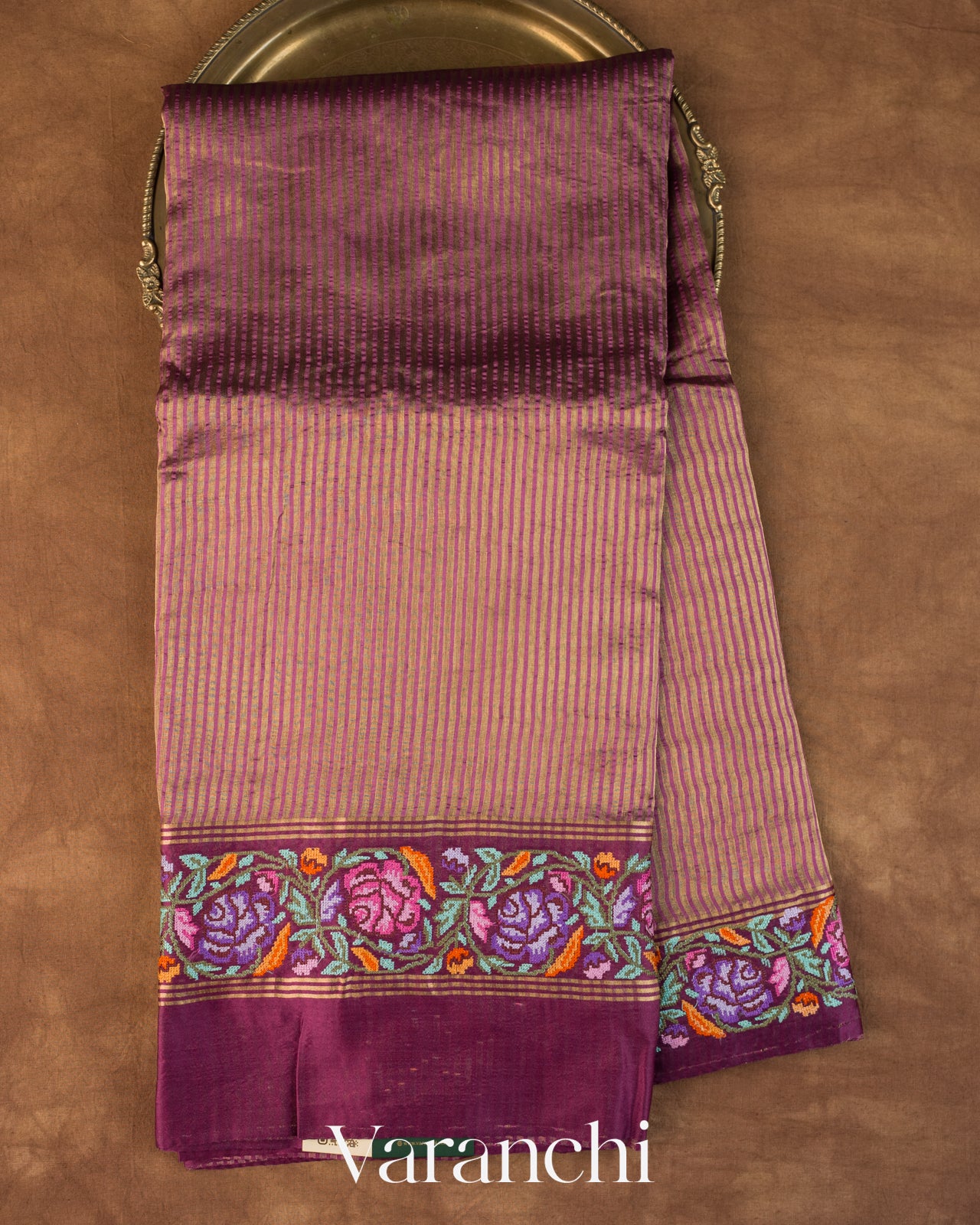 Mauve Purple Tissue Stripes with Petit-Point Embroidered Pure Katan Silk Saree
