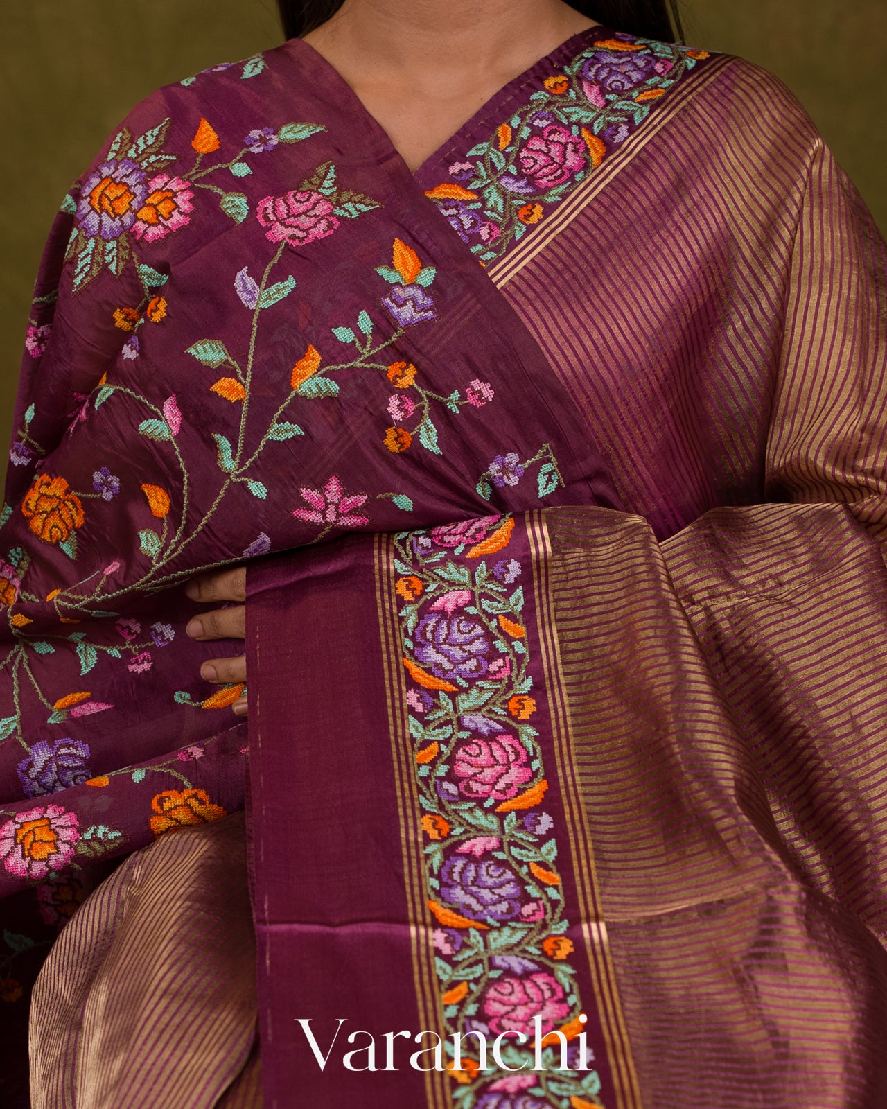 Mauve Purple Tissue Stripes with Petit-Point Embroidered Pure Katan Silk Saree