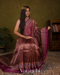 Mauve Purple Tissue Stripes with Petit-Point Embroidered Pure Katan Silk Saree