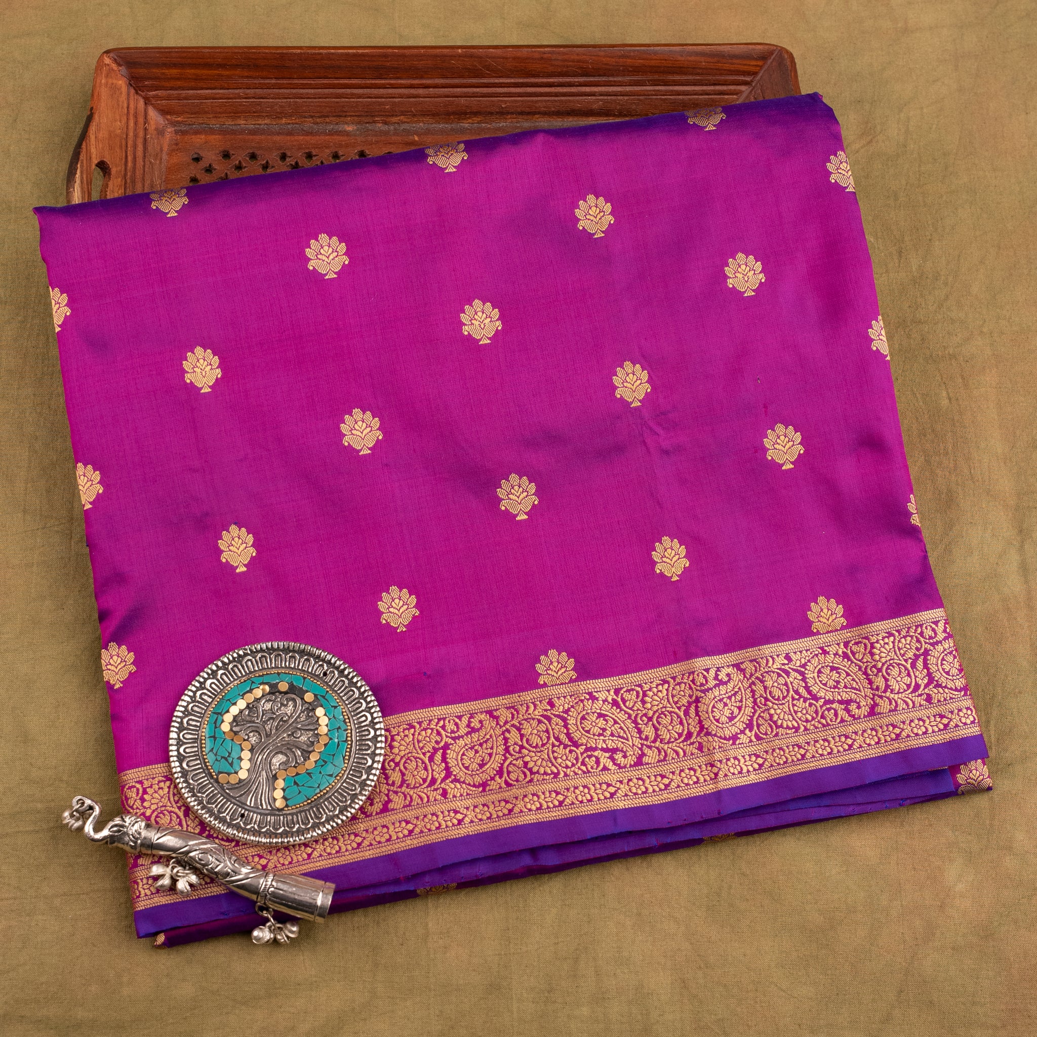 Deep Purple Pure Katan Silk with Resham Weaving Handloom Saree