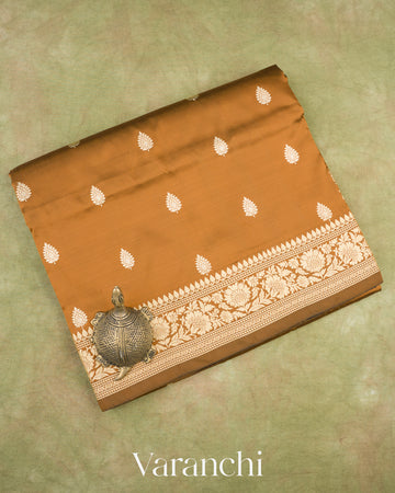 Mustard Brown Pure Katan Silk with Resham Weaving Handloom Saree
