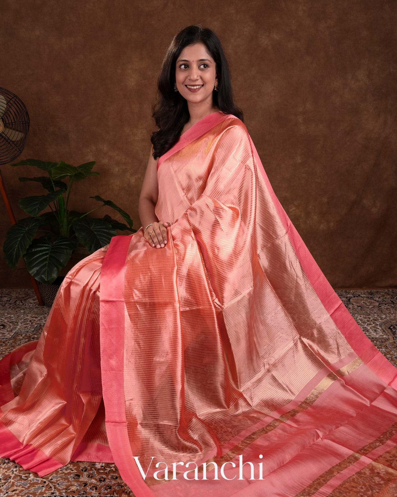 Coral Pink Tissue Striped Pure Katan Silk Saree