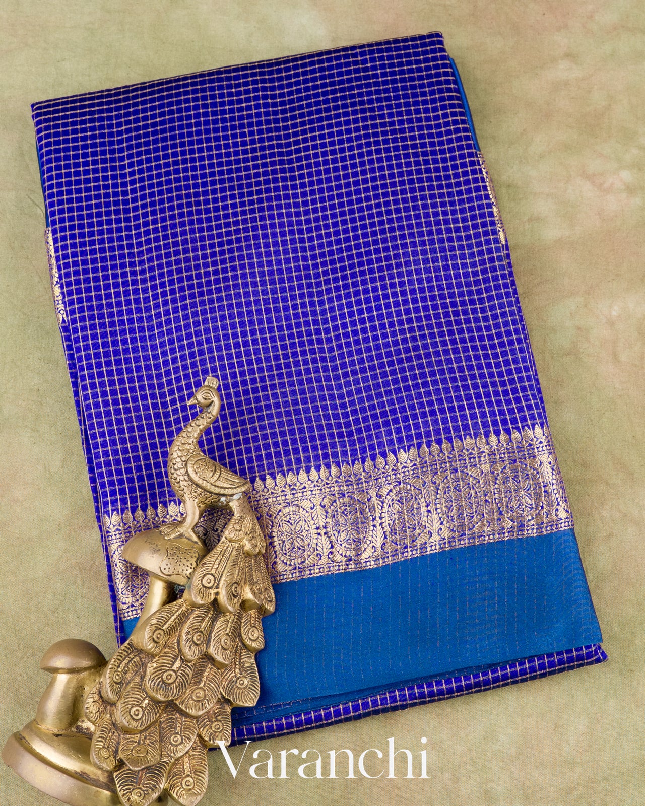 Royal Blue Checks Pure Katan Silk Saree