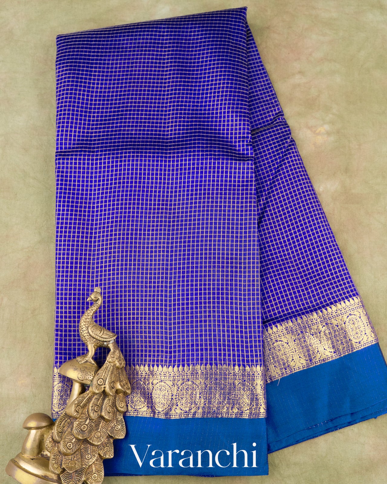 Royal Blue Checks Pure Katan Silk Saree