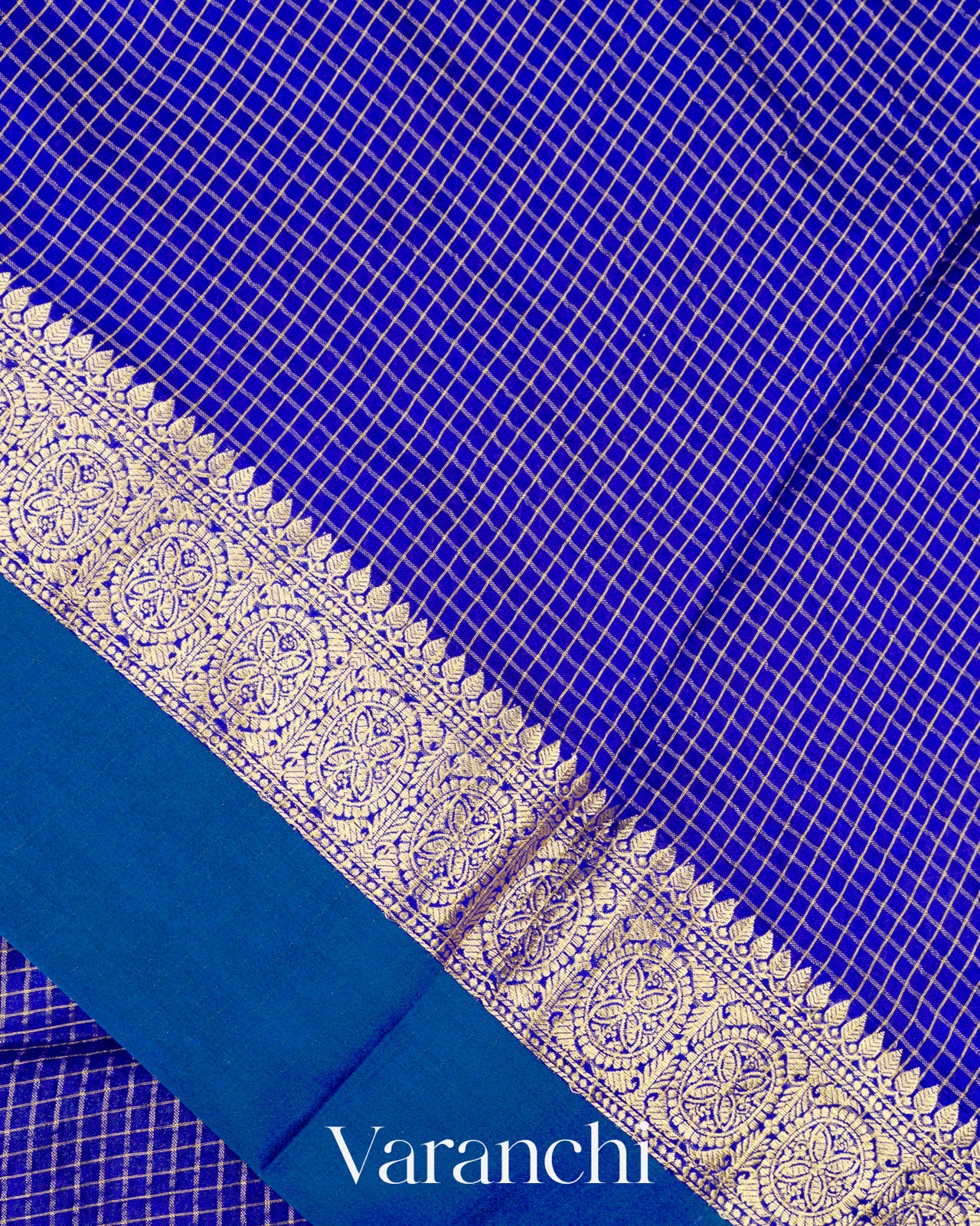 Royal Blue Checks Pure Katan Silk Saree