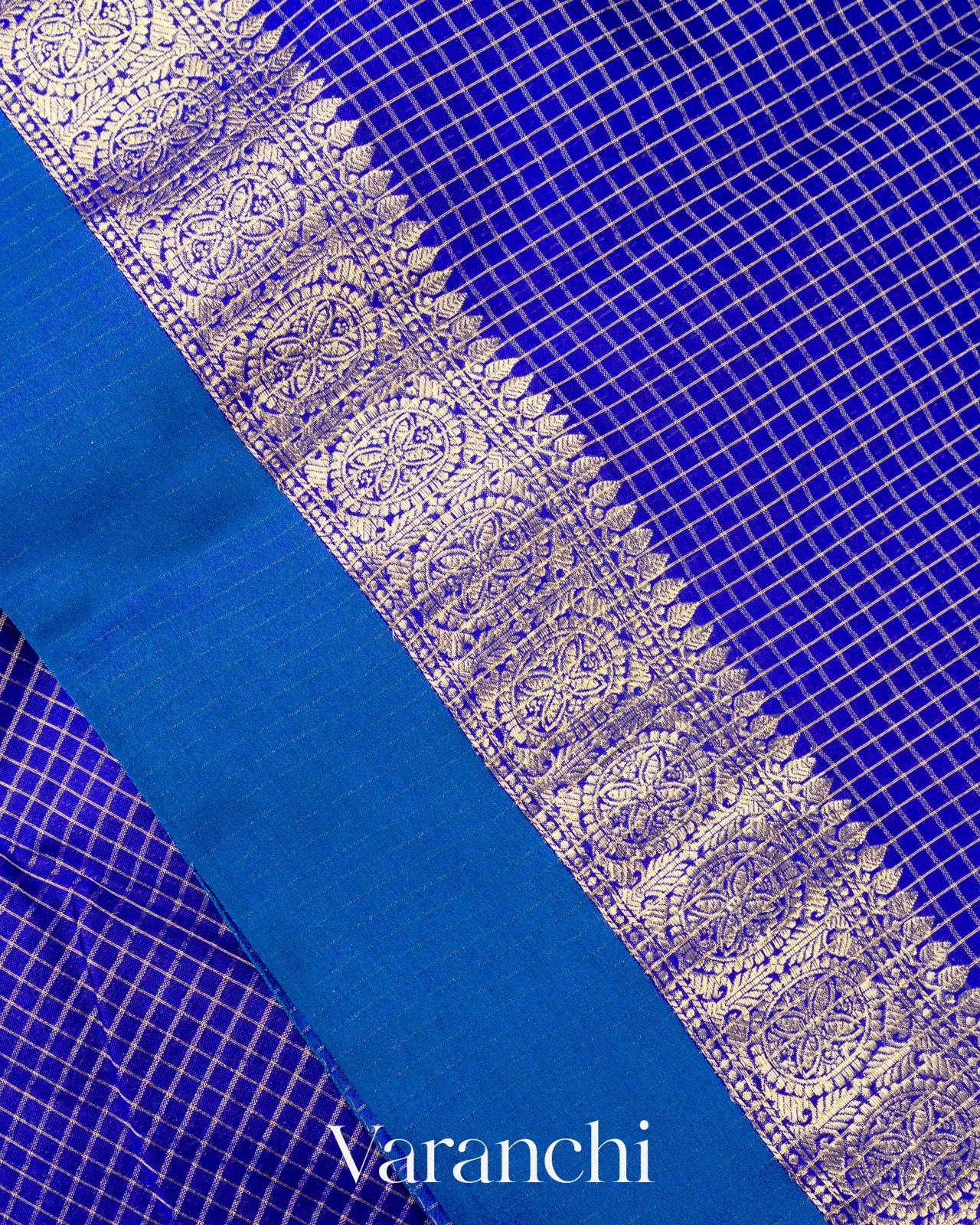 Royal Blue Checks Pure Katan Silk Saree