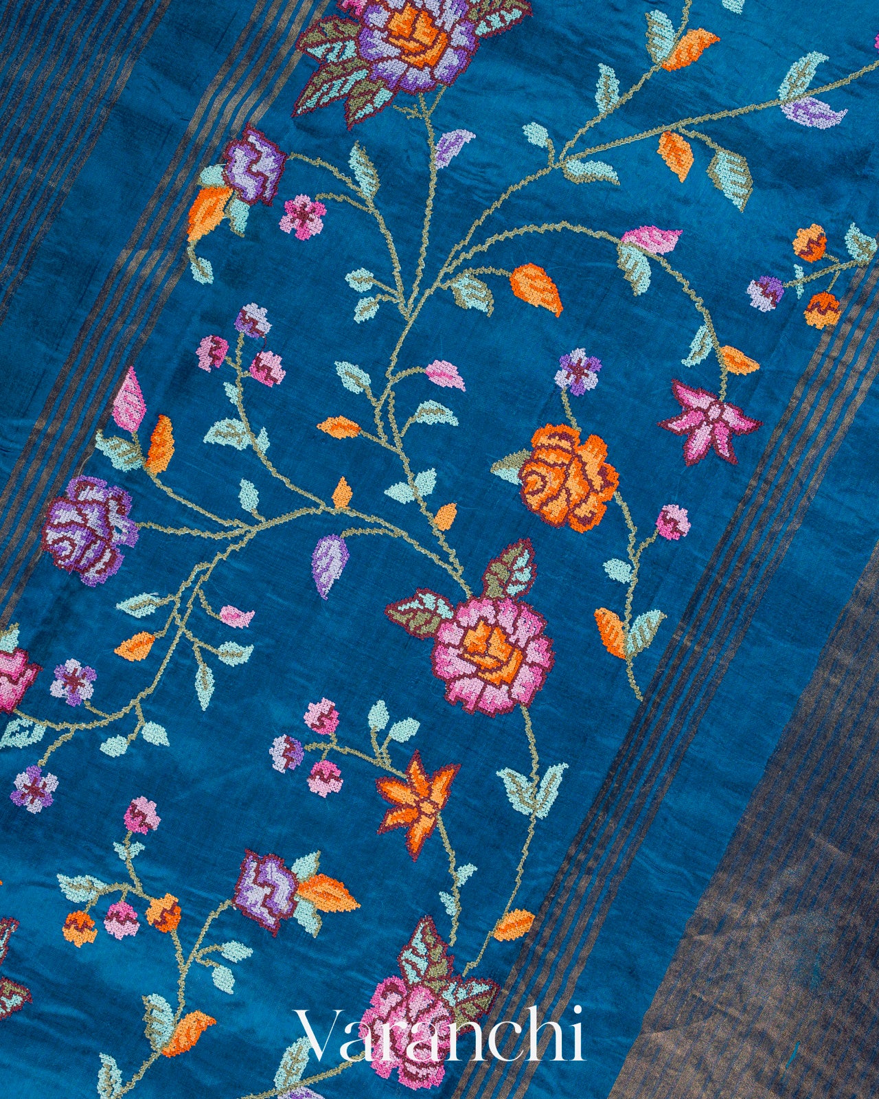 Teal Blue Masharu Bordere D Pure Katan Silk Handloom Saree