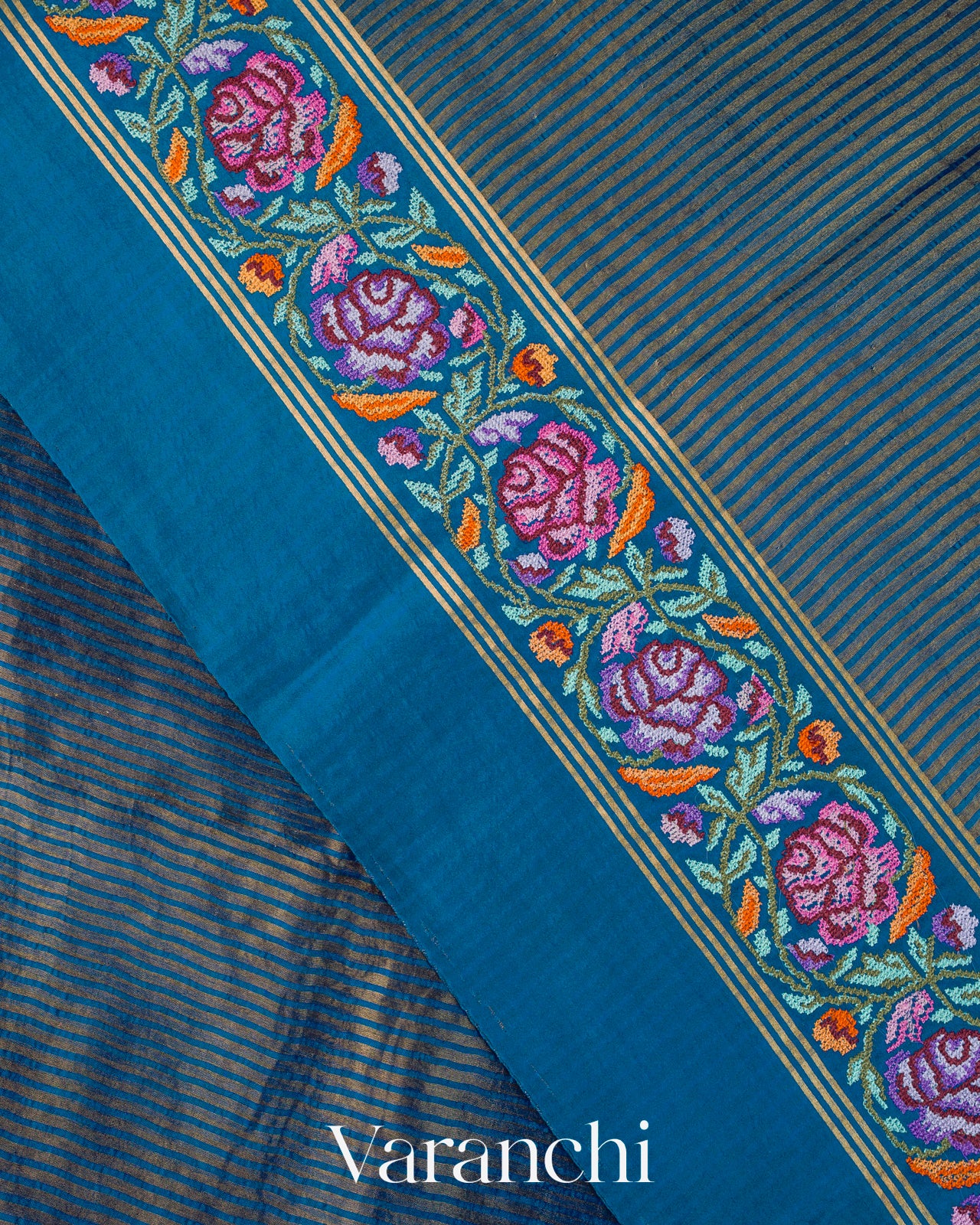 Teal Blue Masharu Bordere D Pure Katan Silk Handloom Saree