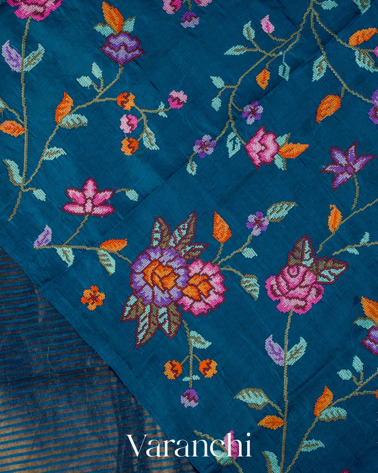 Teal Blue Masharu Bordere D Pure Katan Silk Handloom Saree