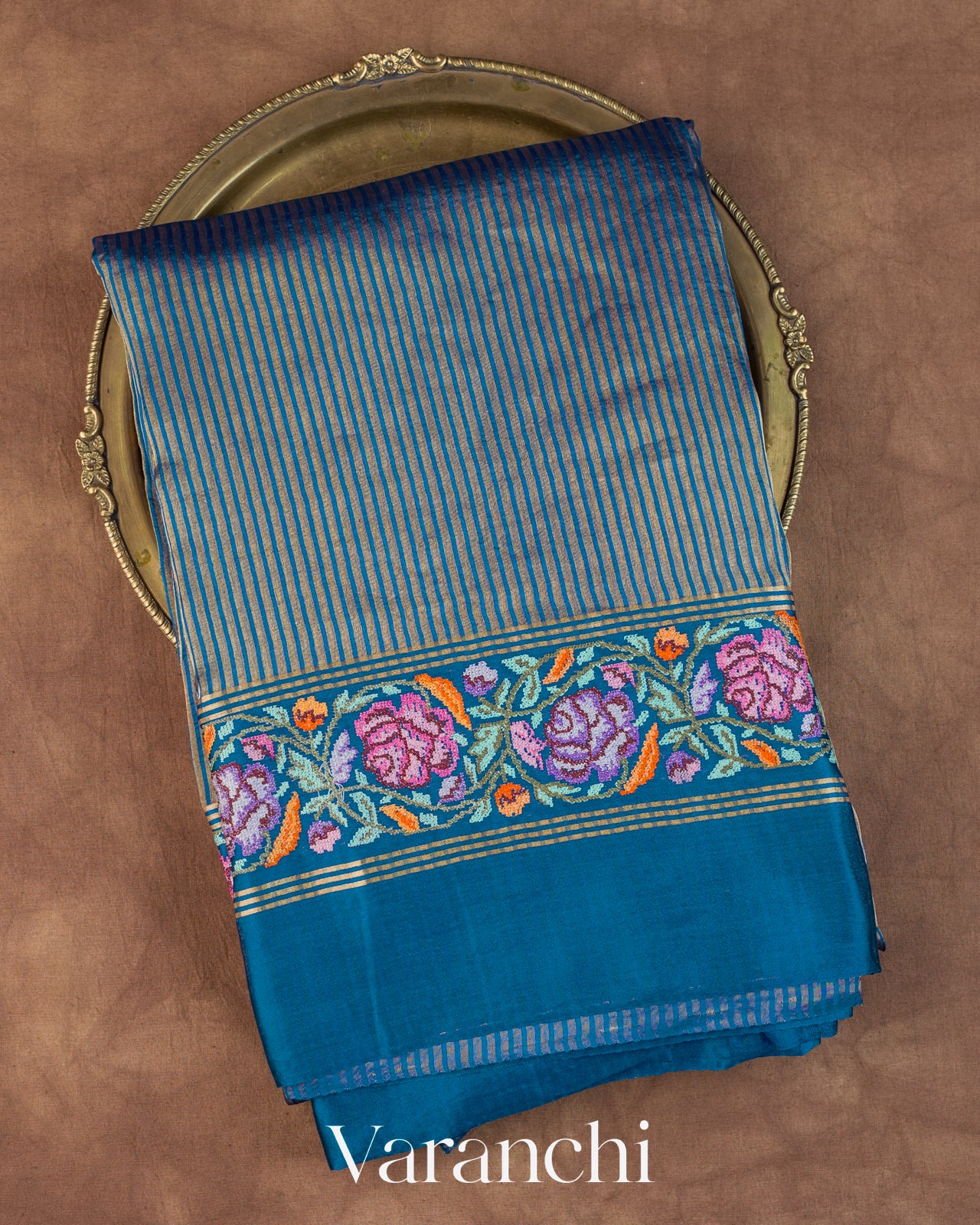 Teal Blue Masharu Bordere D Pure Katan Silk Handloom Saree