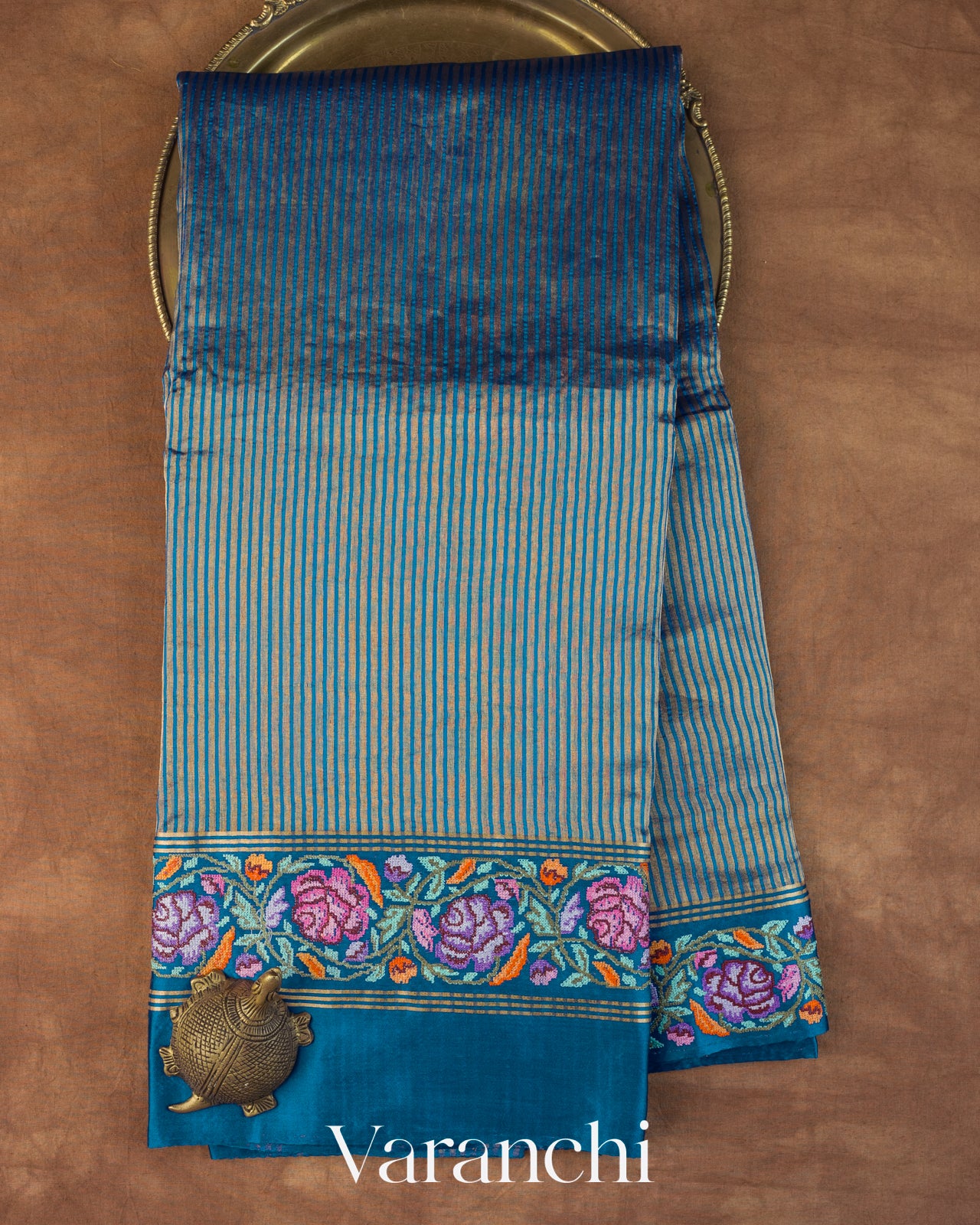 Teal Blue Masharu Bordere D Pure Katan Silk Handloom Saree