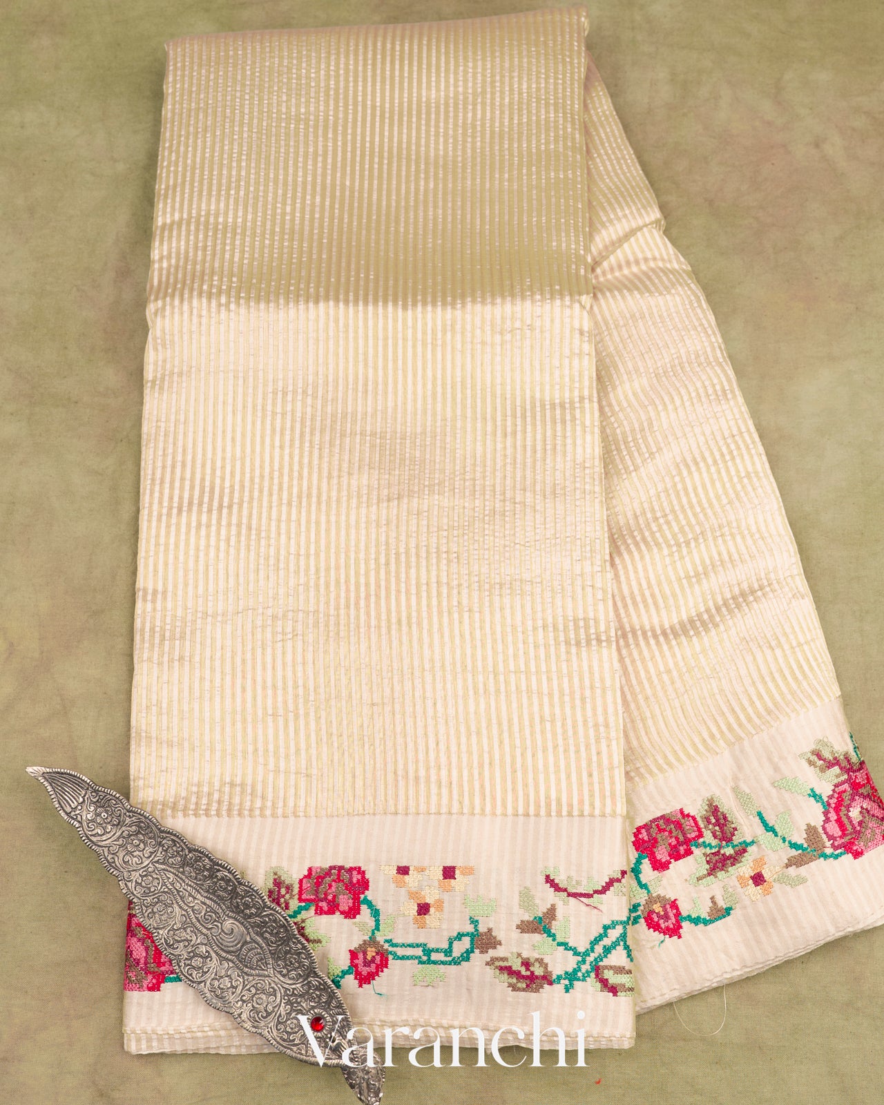 Soft Ivory Cross-Stitch Tissue Striped Pure Katan Silk Saree