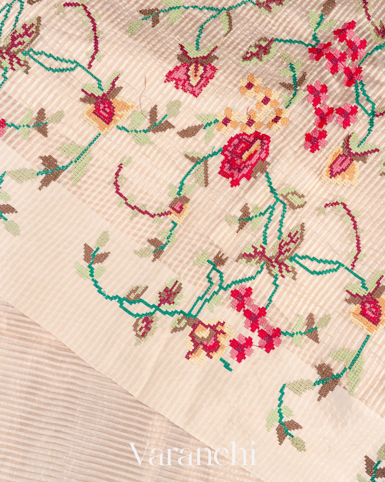 Soft Ivory Cross-Stitch Tissue Striped Pure Katan Silk Saree