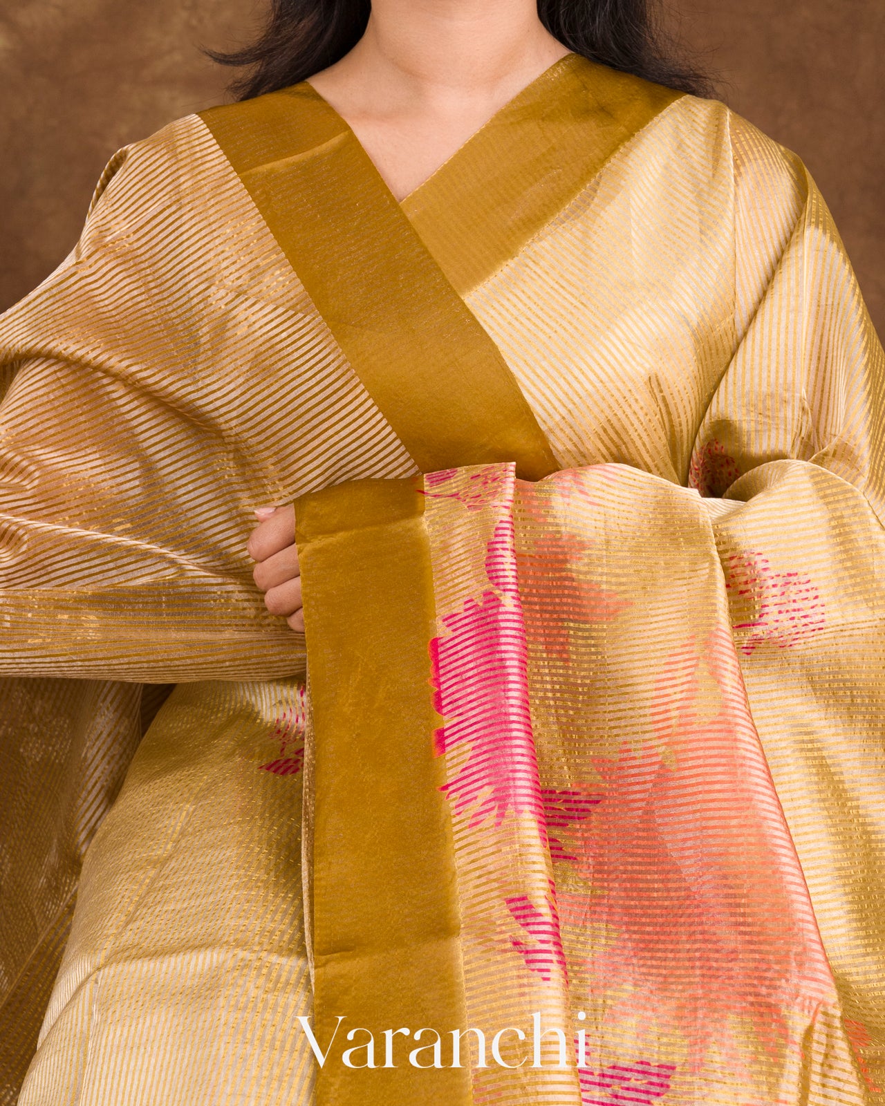 Mustard Digital Printed Tissue Striped Pure Katan Silk Saree