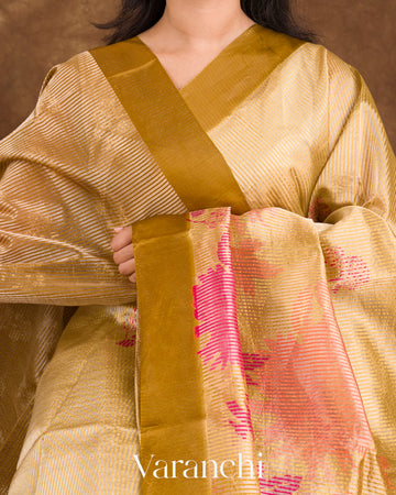 Mustard Digital Printed Tissue Striped Pure Katan Silk Saree