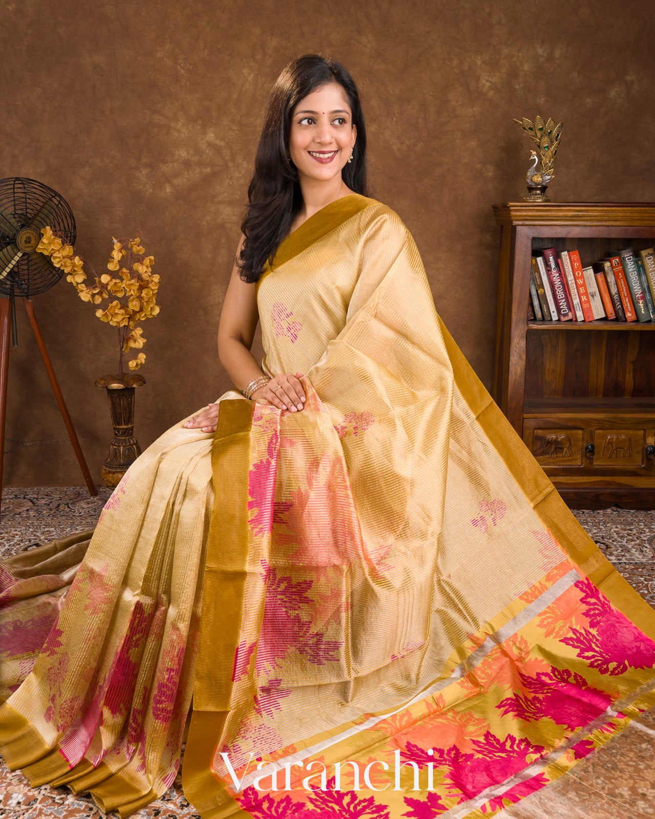 Mustard Digital Printed Tissue Striped Pure Katan Silk Saree