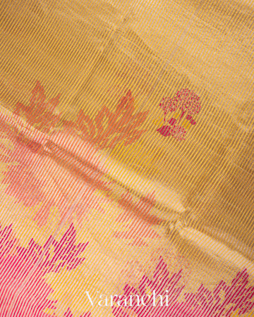 Mustard Digital Printed Tissue Striped Pure Katan Silk Saree