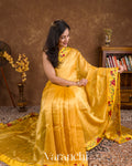Sunshine Yellow Cross-Stitch Tissue Striped Pure Katan Silk Saree