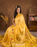 Sunshine Yellow Cross-Stitch Tissue Striped Pure Katan Silk Saree