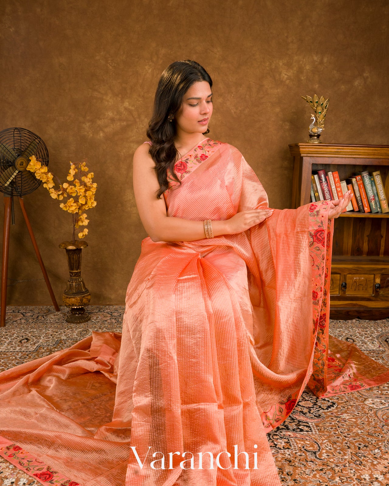 Peach Point Tissue Striped Pure Katan Silk Saree