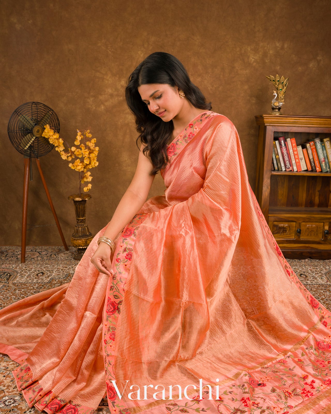 Peach  Point Tissue Striped Pure Katan Silk Saree