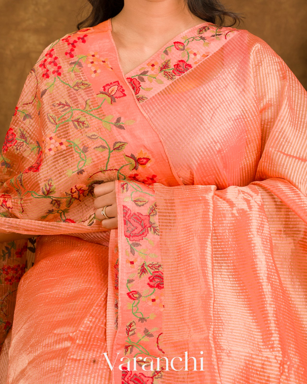 Peach  Point Tissue Striped Pure Katan Silk Saree