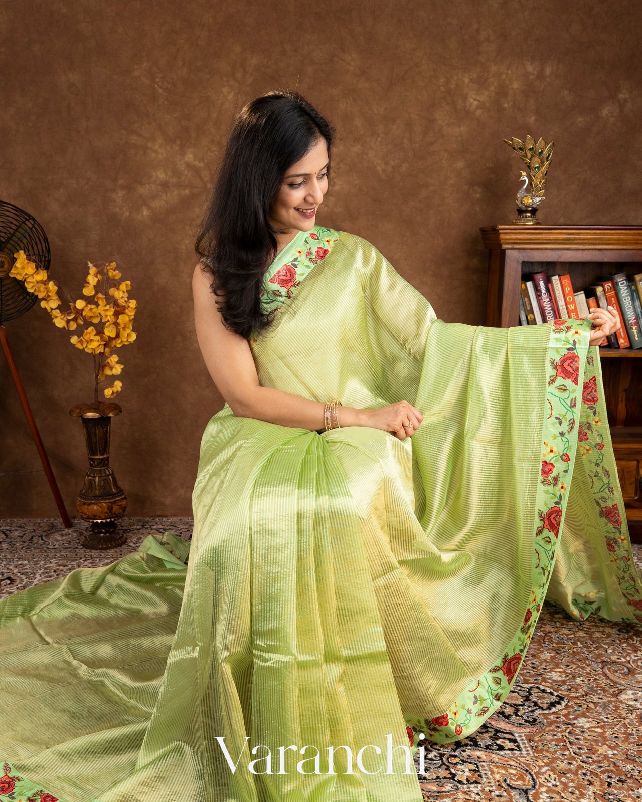 Pista Green Cross-Stitch Tissue Striped Pure Katan Silk Saree