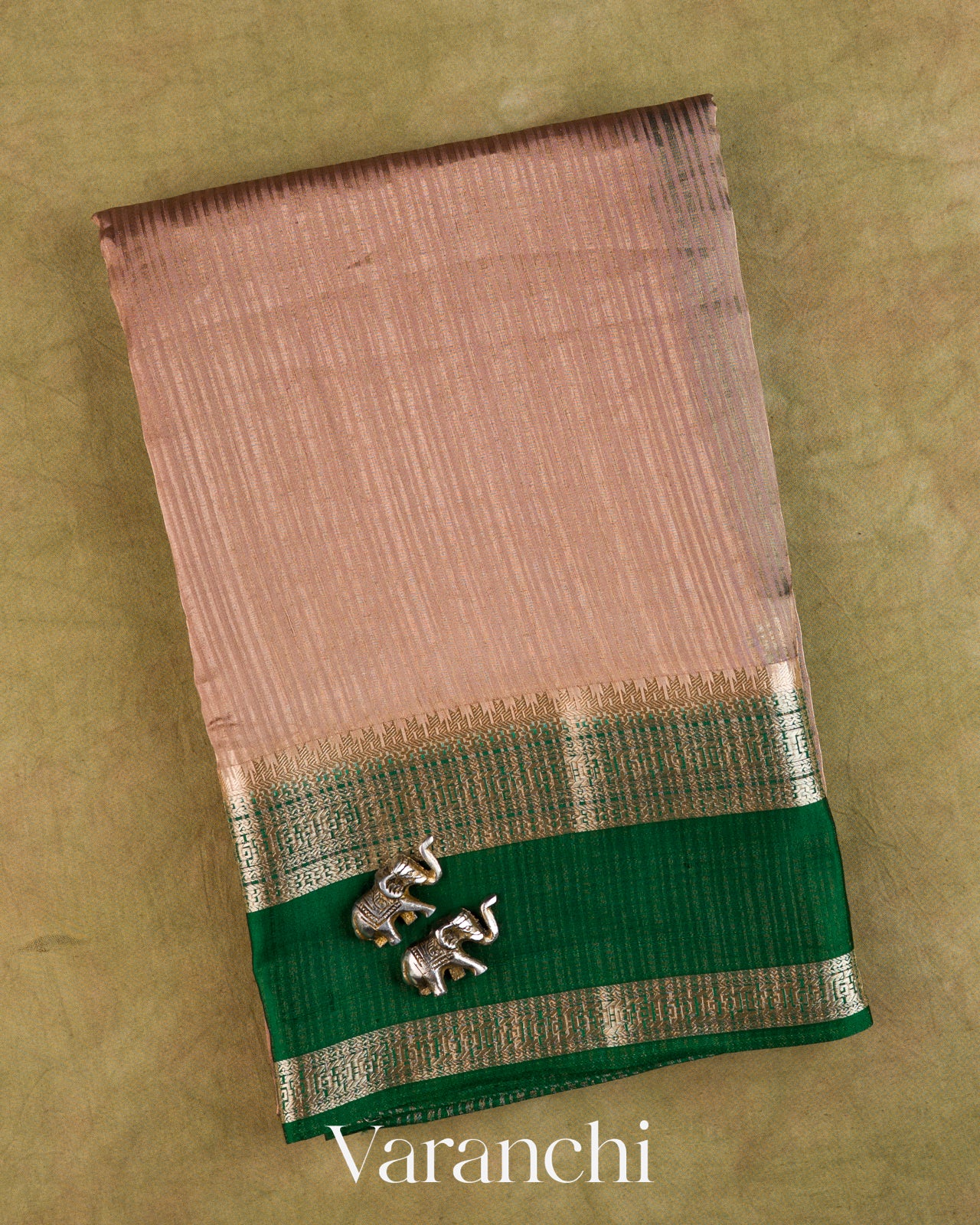 Deep Beige Striped Pure Katan Silk Saree — Folded