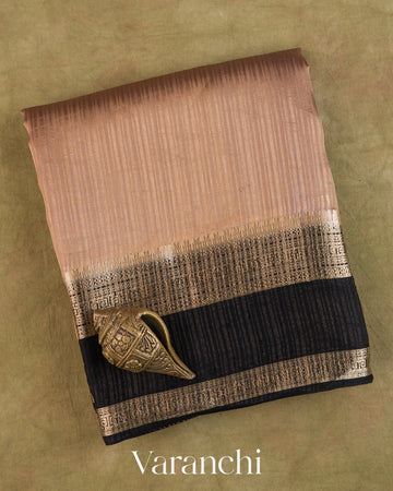 Deep Beige Striped Pure Katan Silk Saree — Folded