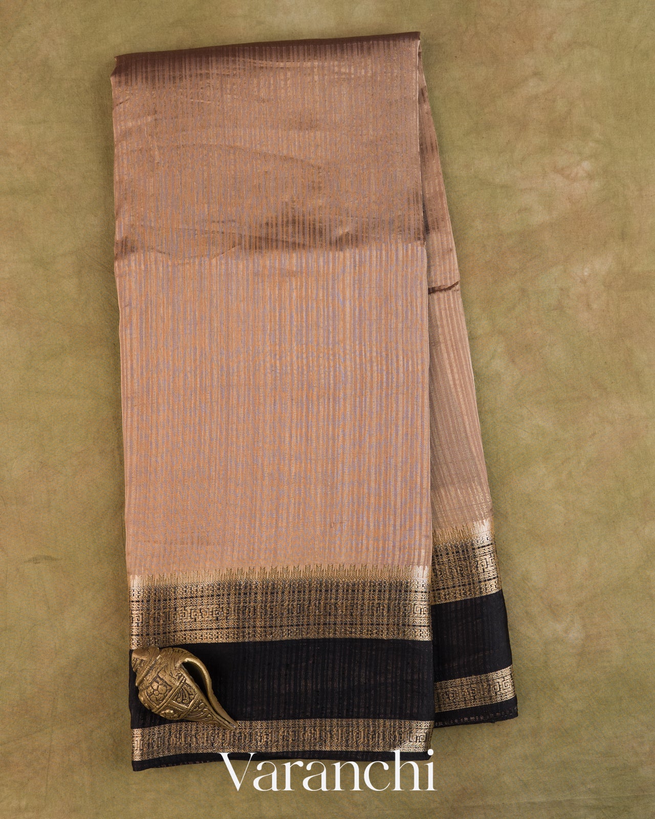 Deep Beige Striped Pure Katan Silk Saree — Full Saree