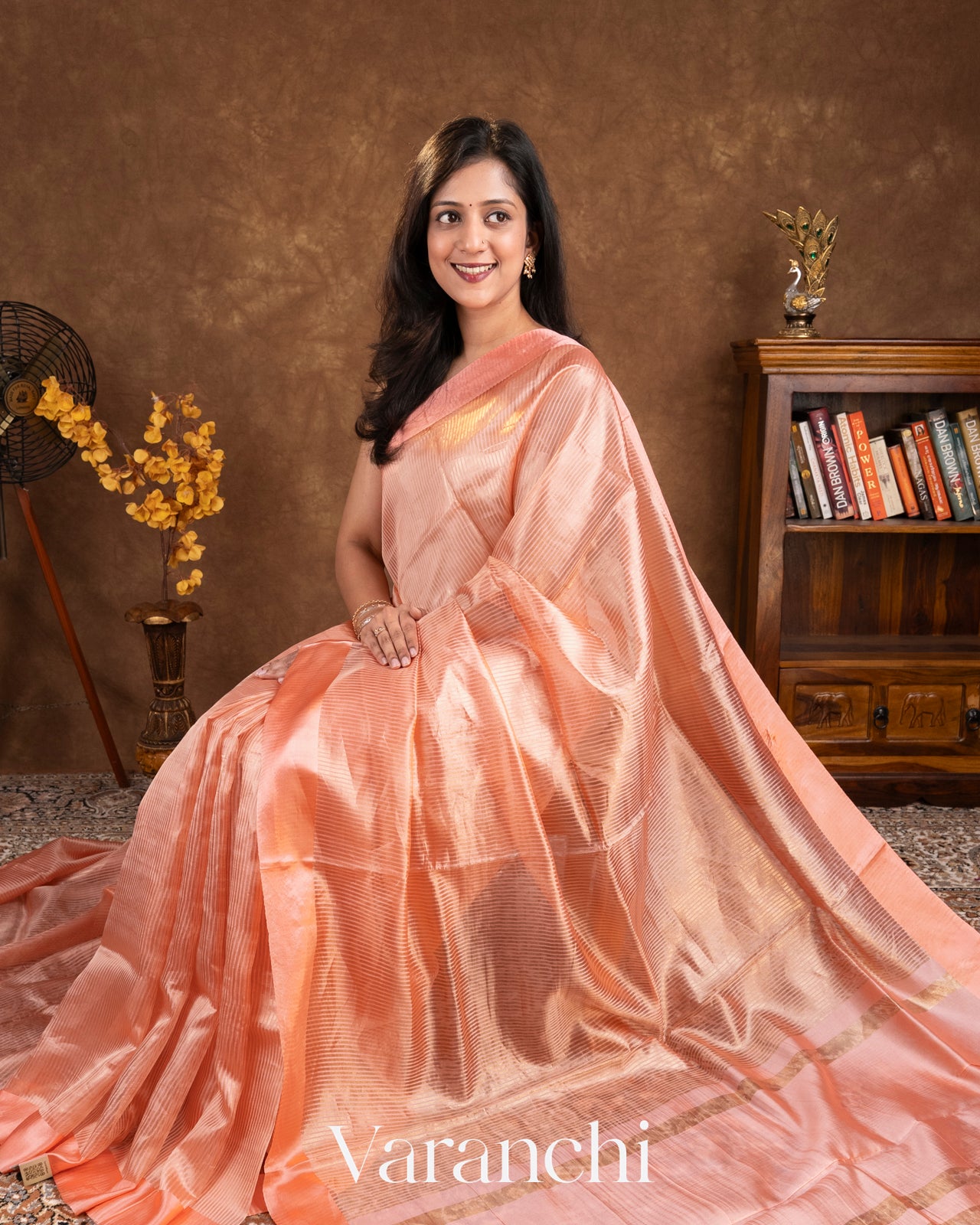 Peach Tissue Striped Pure Katan Silk Saree