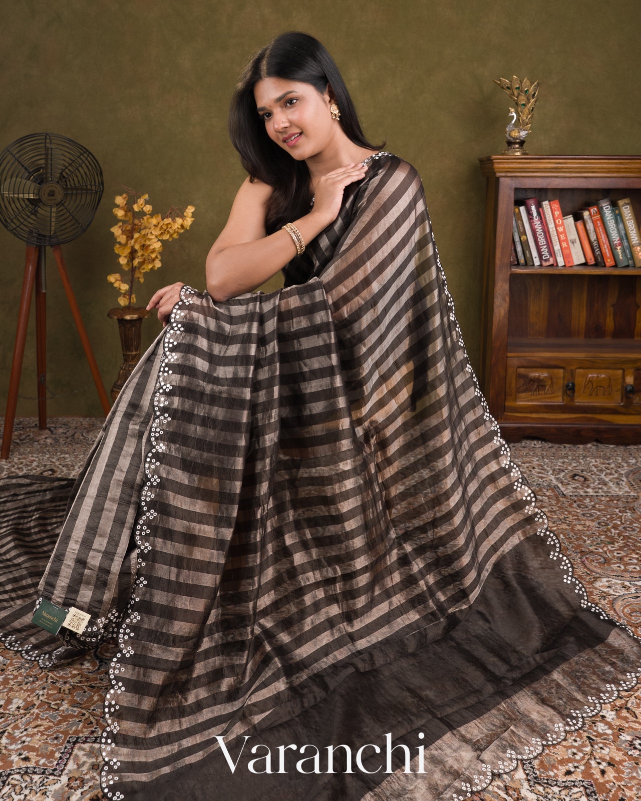 Black Tissue Striped Pure Katan Silk Saree
