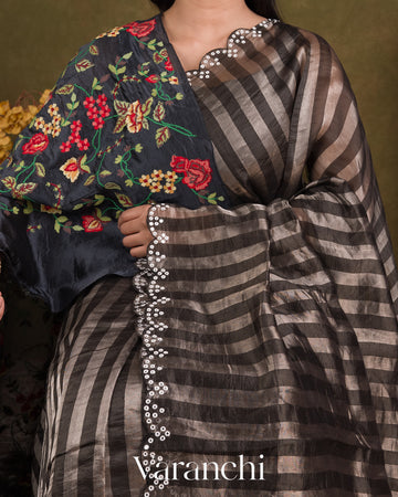 Black Tissue Striped Pure Katan Silk Saree