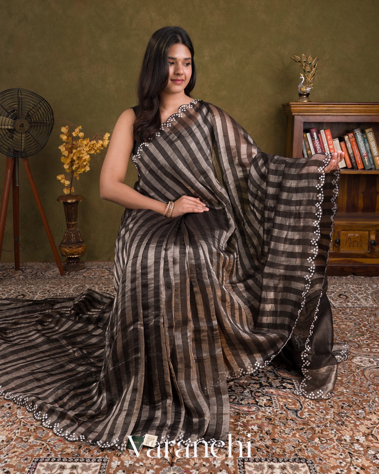 Black Tissue Striped Pure Katan Silk Saree