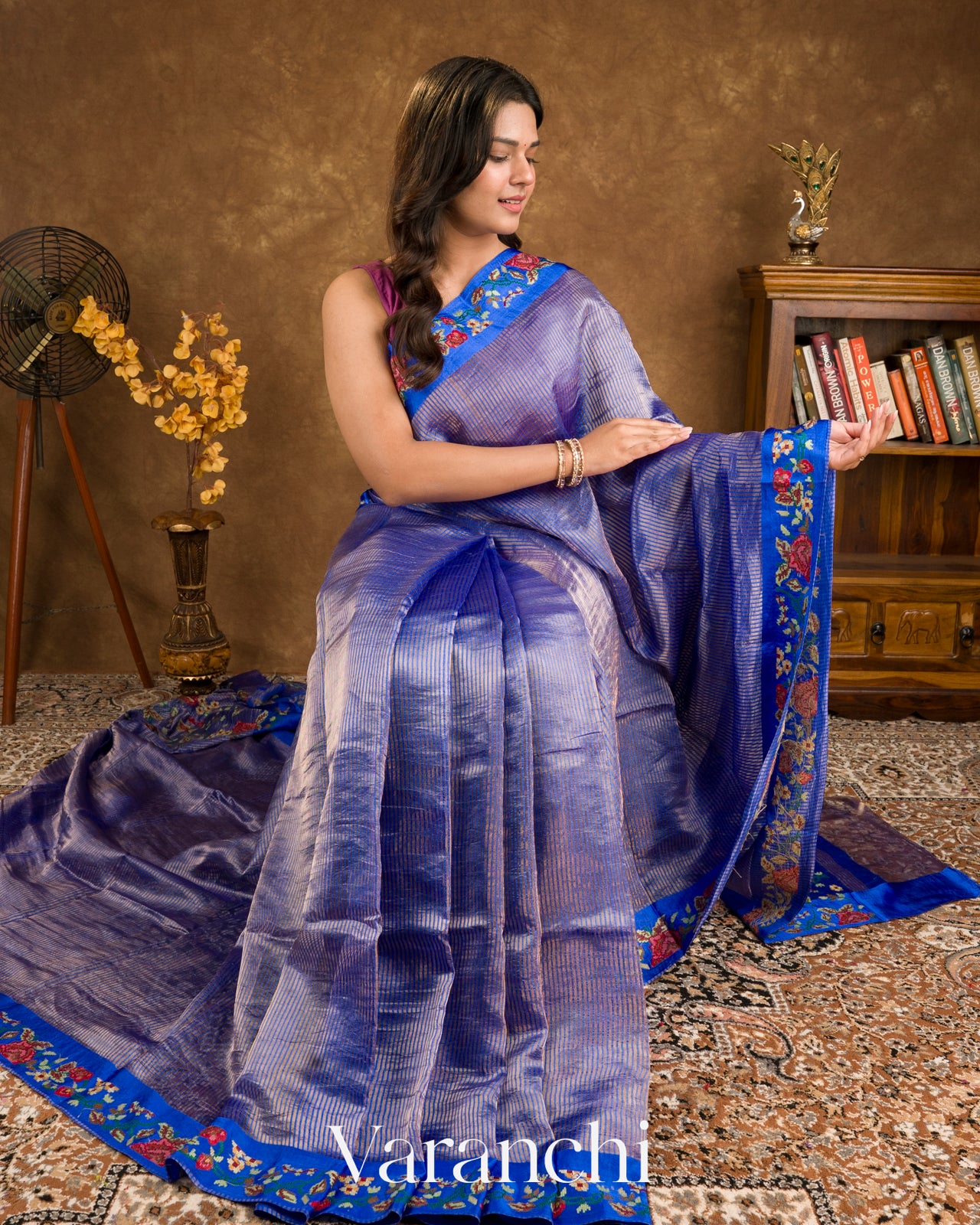 Royal Blue Cross-Stitch Tissue Striped Pure Katan Silk Saree
