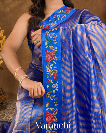 Royal Blue Cross-Stitch Tissue Striped Pure Katan Silk Saree